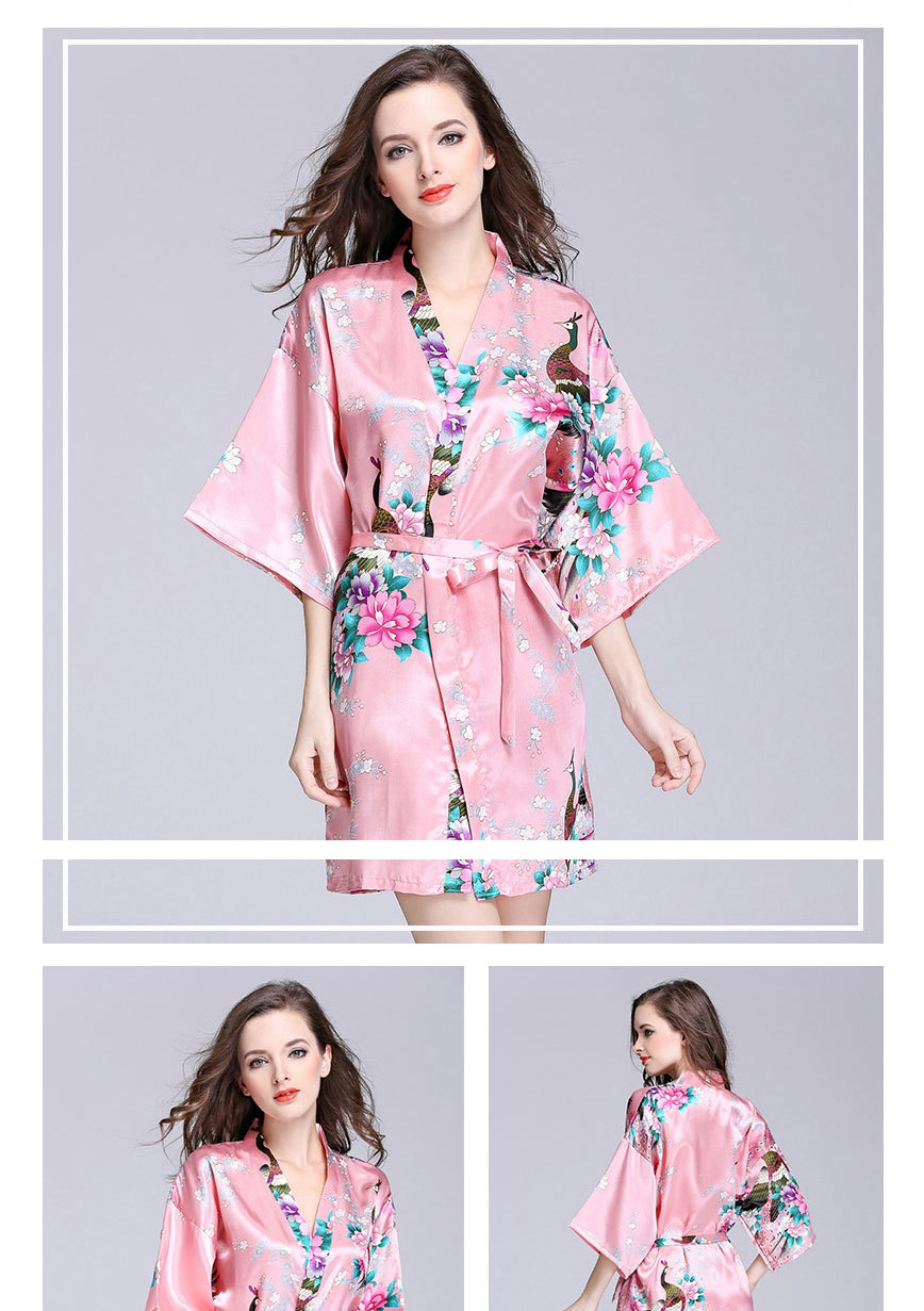 Fashion Rose Red Printed Lace Ice Silk Kimono Bathrobe,SLEEPWEAR & UNDERWEAR