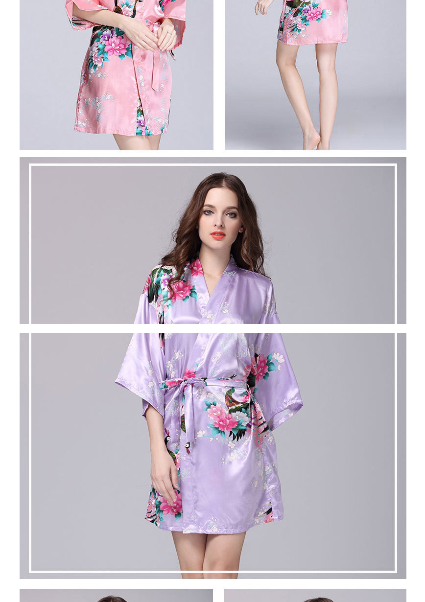 Fashion Light Purple Printed Lace Ice Silk Kimono Bathrobe,SLEEPWEAR & UNDERWEAR
