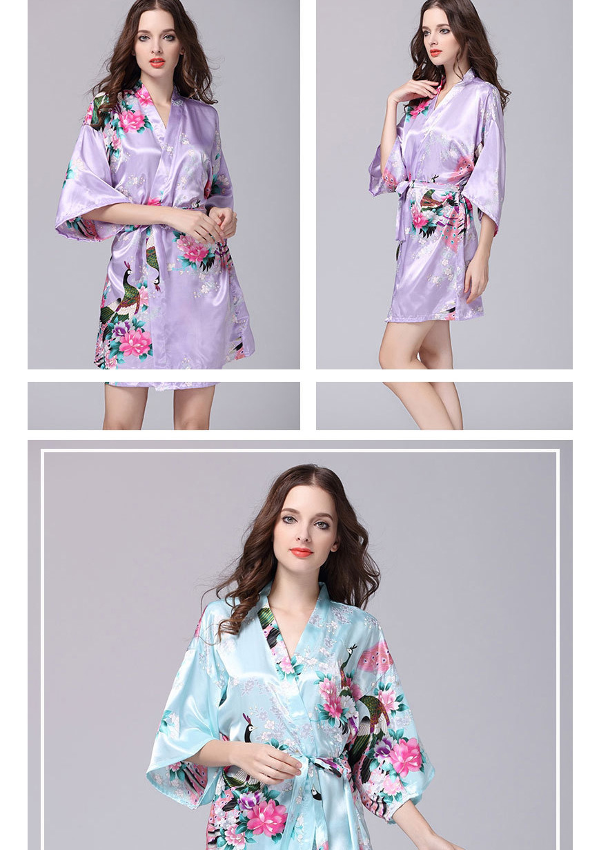 Fashion Pink Printed Lace Ice Silk Kimono Bathrobe,Others