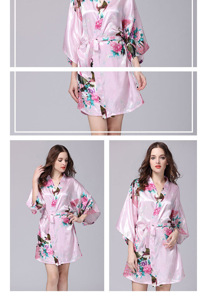 Fashion Coral Powder Printed Lace Ice Silk Kimono Bathrobe,Others
