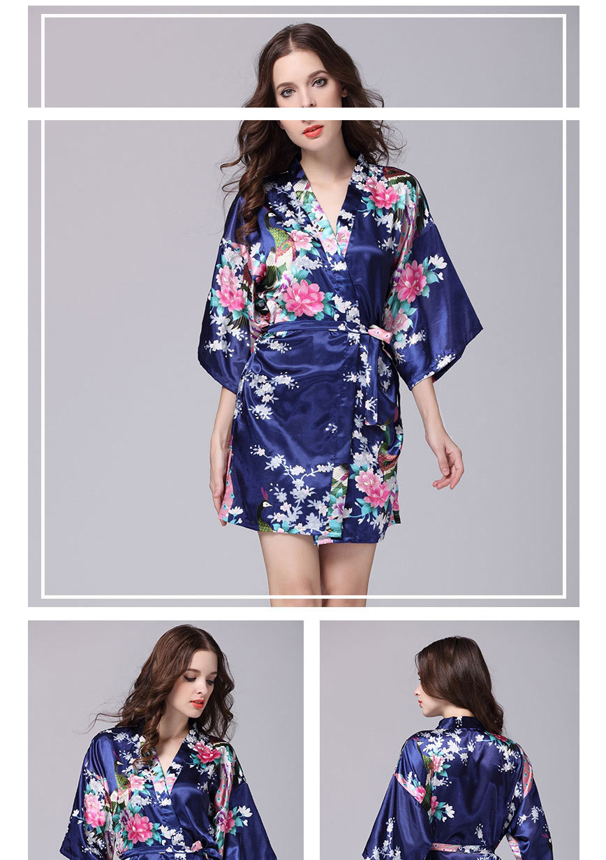 Fashion Sky Blue Printed Lace Ice Silk Kimono Bathrobe,SLEEPWEAR & UNDERWEAR