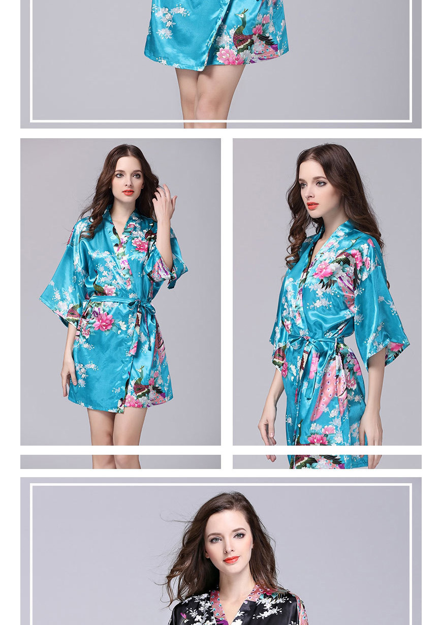 Fashion Gold Coloren Printed Lace Ice Silk Kimono Bathrobe,SLEEPWEAR & UNDERWEAR