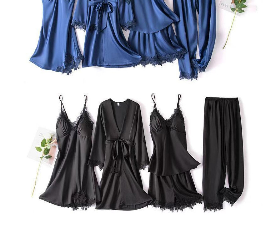 Fashion Dream Black Water Soluble Flower Five-piece Set Of Ice Silk Drape Lace Pajamas,SLEEPWEAR & UNDERWEAR