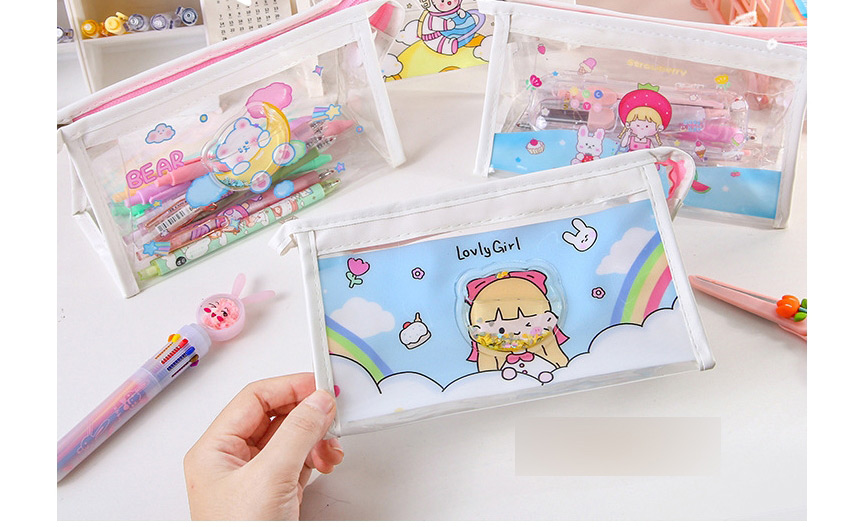Fashion Peach Bunny Cartoon Printing Quicksand Large Capacity Pencil Case,Pencil Case/Paper Bags