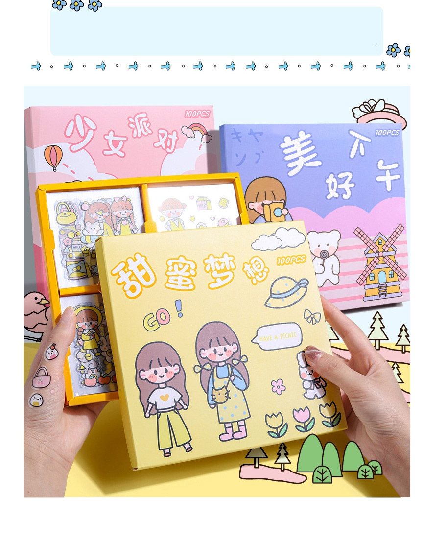 Fashion Girl Party Hand Account Gift Box Cartoon Stickers Set 100 Sheets,Stickers/Tape