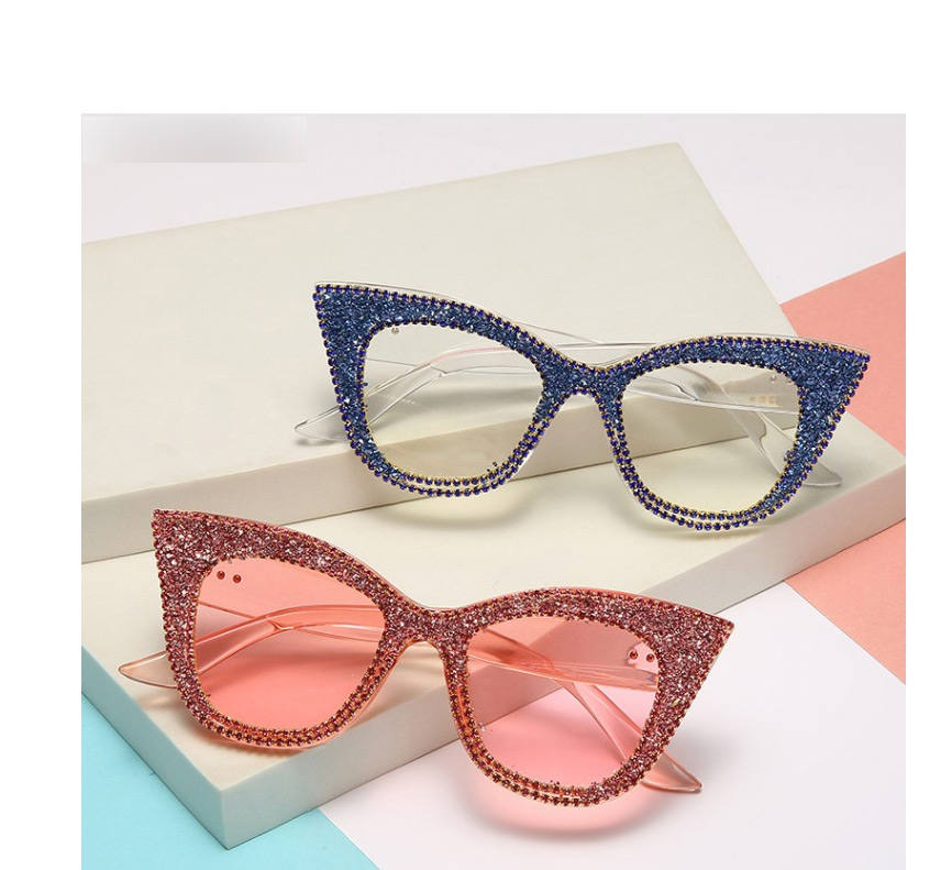 Fashion Royal Blue Diamond Rhinestone Cat Eye Large Frame Wide Leg Sunshade Mirror,Women Sunglasses