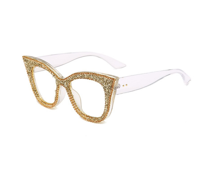 Fashion Leopard Frame Champagne Diamonds Rhinestone Cat Eye Large Frame Wide Leg Sunshade Mirror,Women Sunglasses