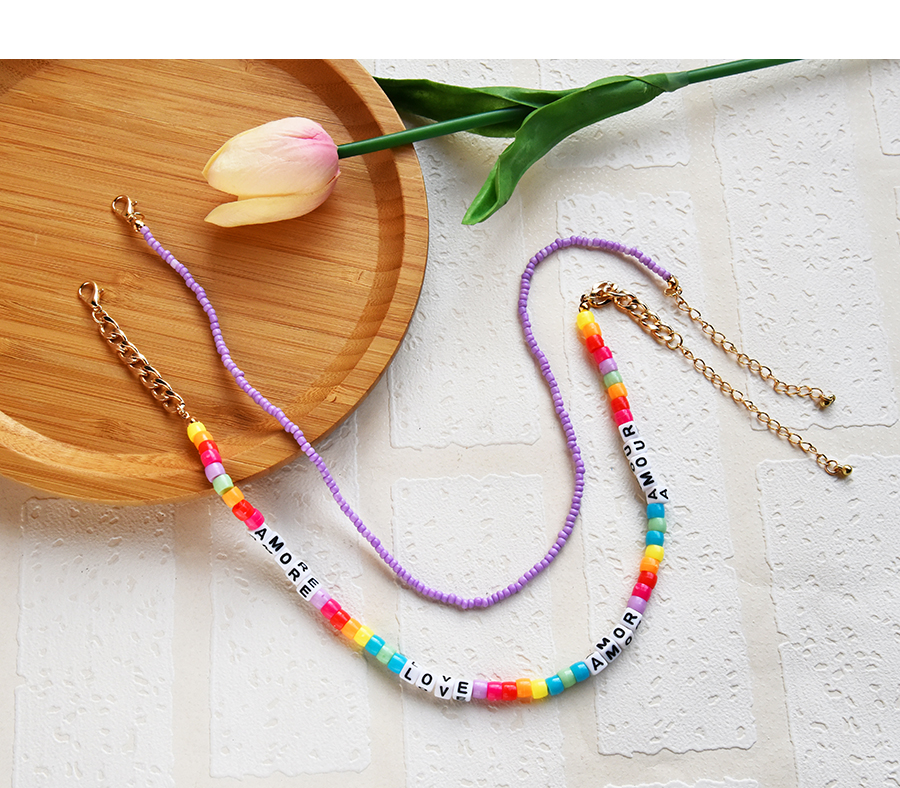 Fashion Color Resin Rice Bead Letter Double Necklace,Multi Strand Necklaces