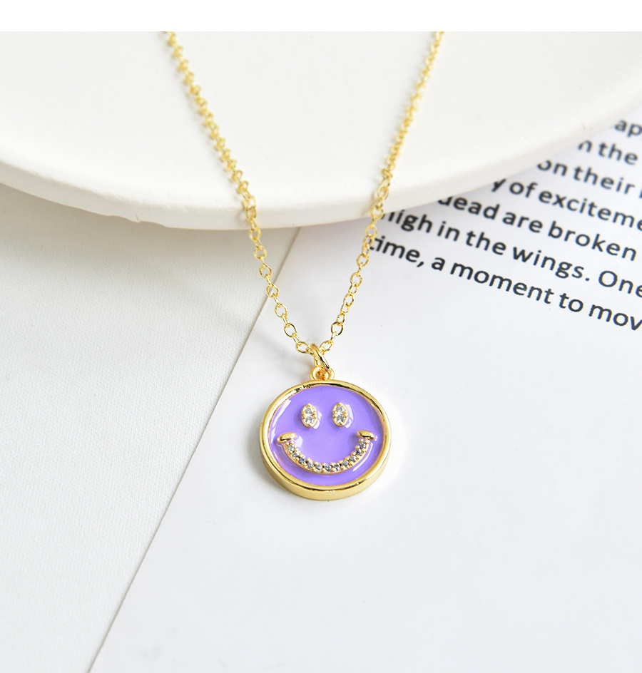 Fashion Yellow Copper Inlaid Zircon Drip Oil Smiley Face Necklace,Necklaces