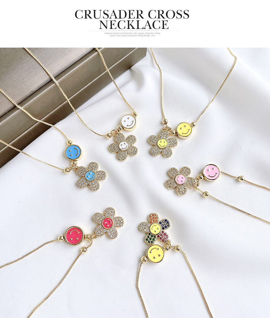 Fashion White Copper Inlaid Zircon Drop Oil Smiley Flower Necklace,Necklaces