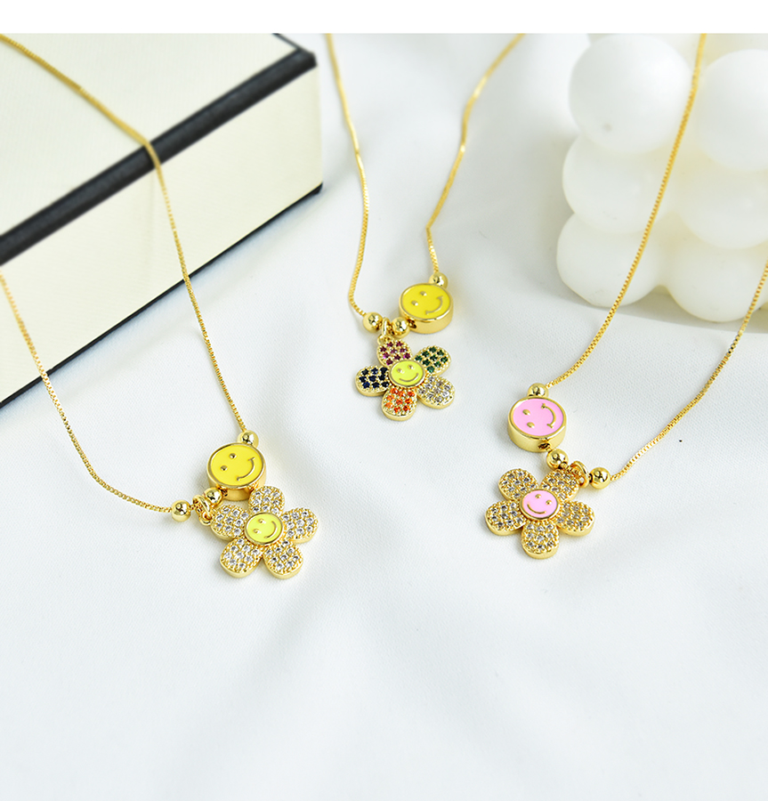 Fashion Red Copper Inlaid Zircon Drop Oil Smiley Flower Necklace,Necklaces