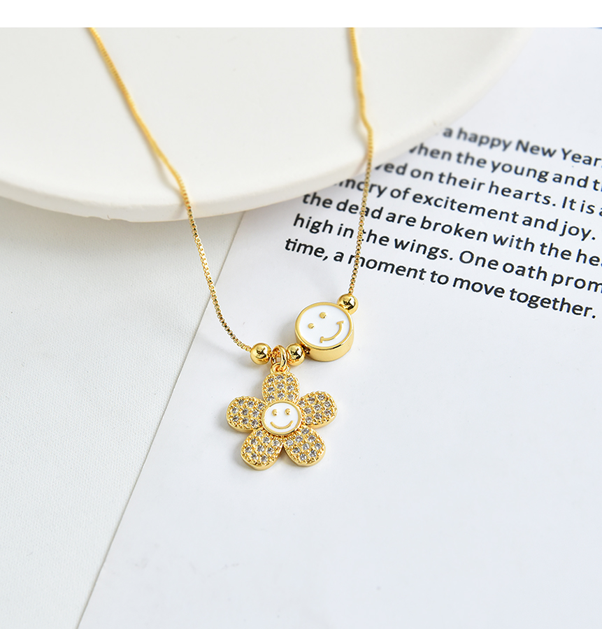 Fashion Yellow Copper Inlaid Zircon Drop Oil Smiley Flower Necklace,Necklaces