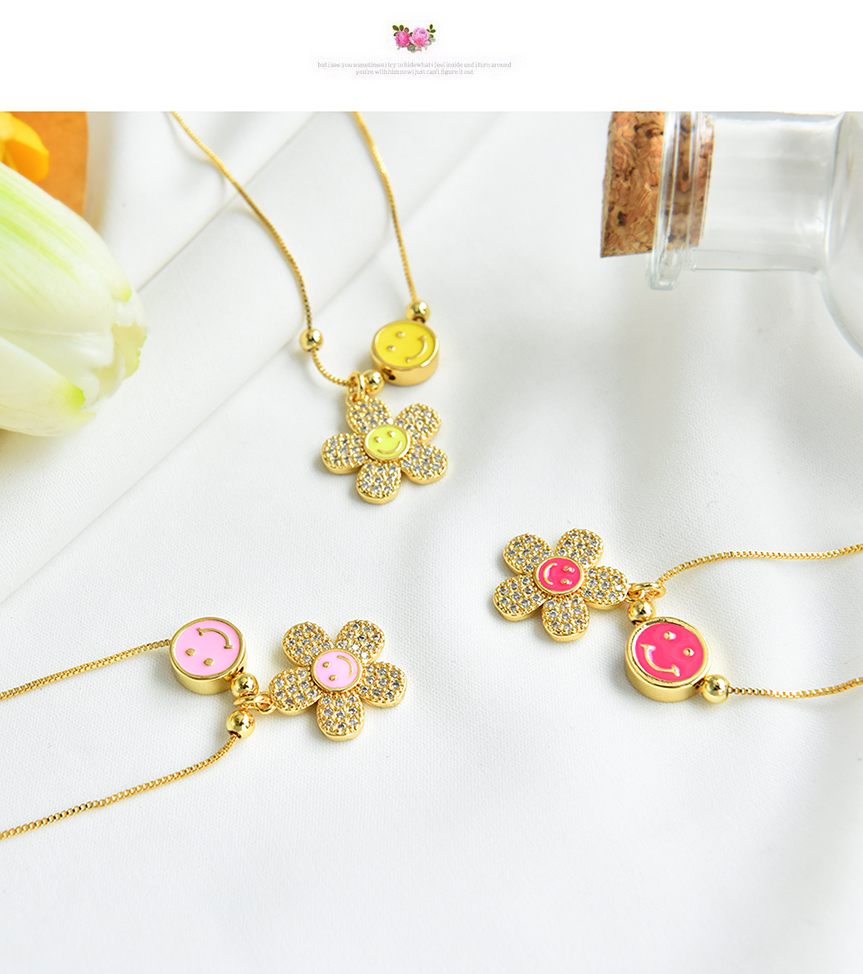 Fashion Pink Copper Inlaid Zircon Drop Oil Smiley Flower Necklace,Necklaces