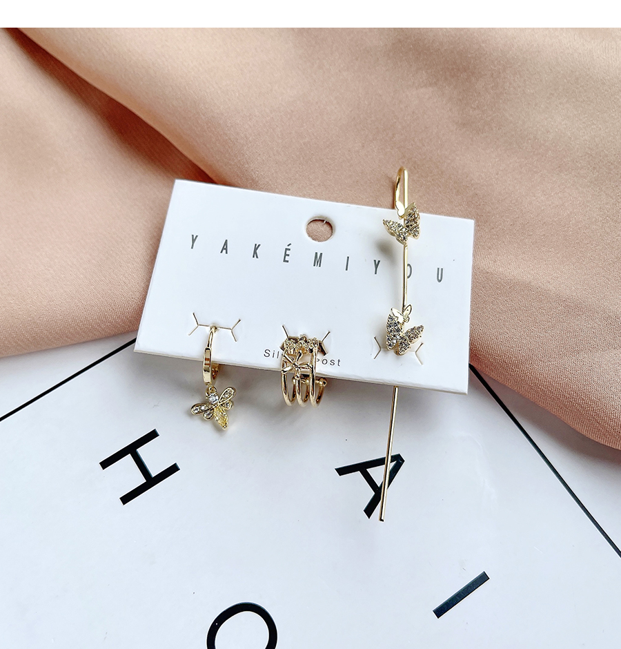 Fashion Golden Copper Inlaid Zircon Bee Butterfly Earrings 3-piece Set,Earring Set