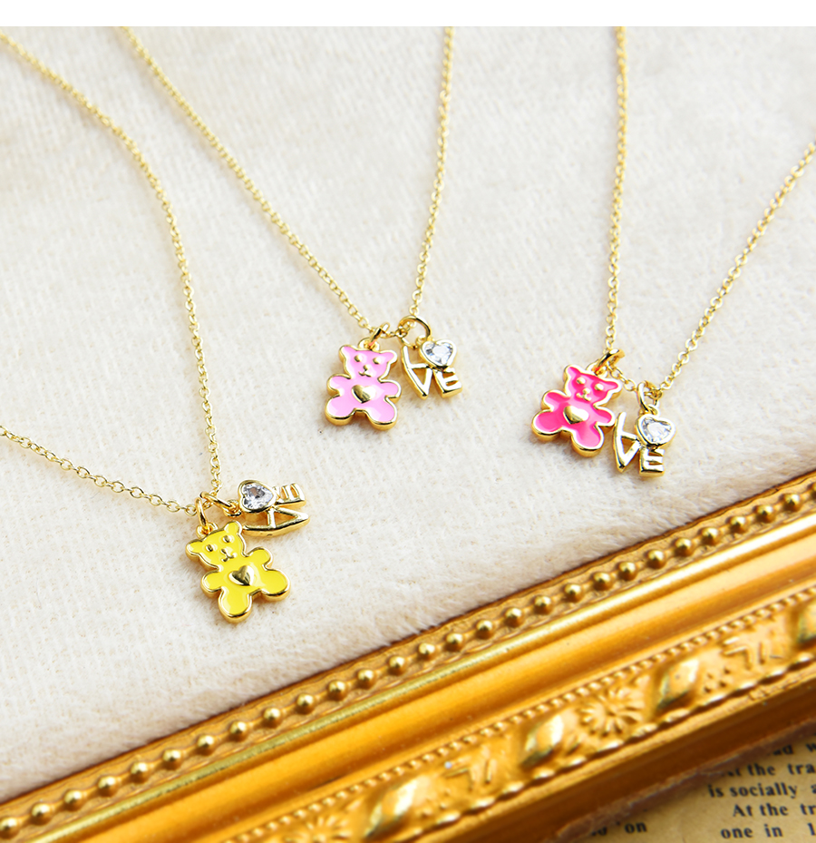 Fashion Purple Copper Inlaid Zircon Oil Dripping Bear Letter Love Necklace,Necklaces