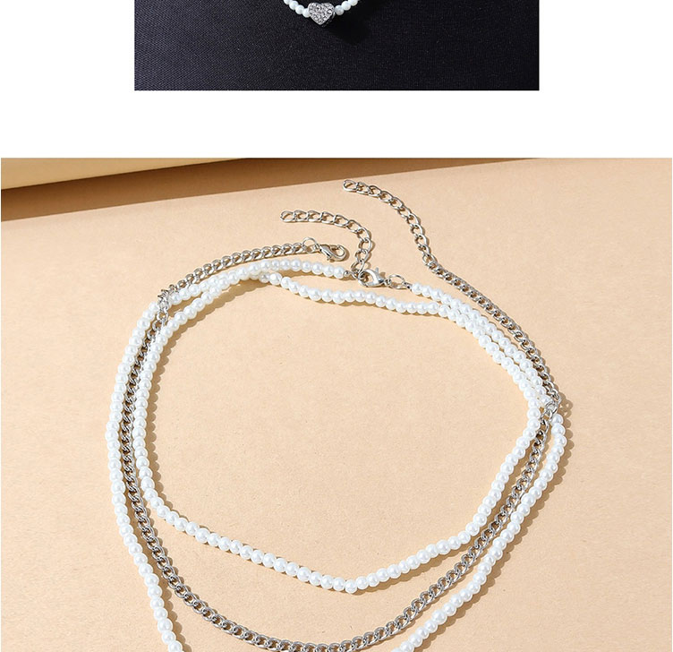 Fashion Silver Pearl Beaded Peach Heart Multilayer Necklace,Multi Strand Necklaces