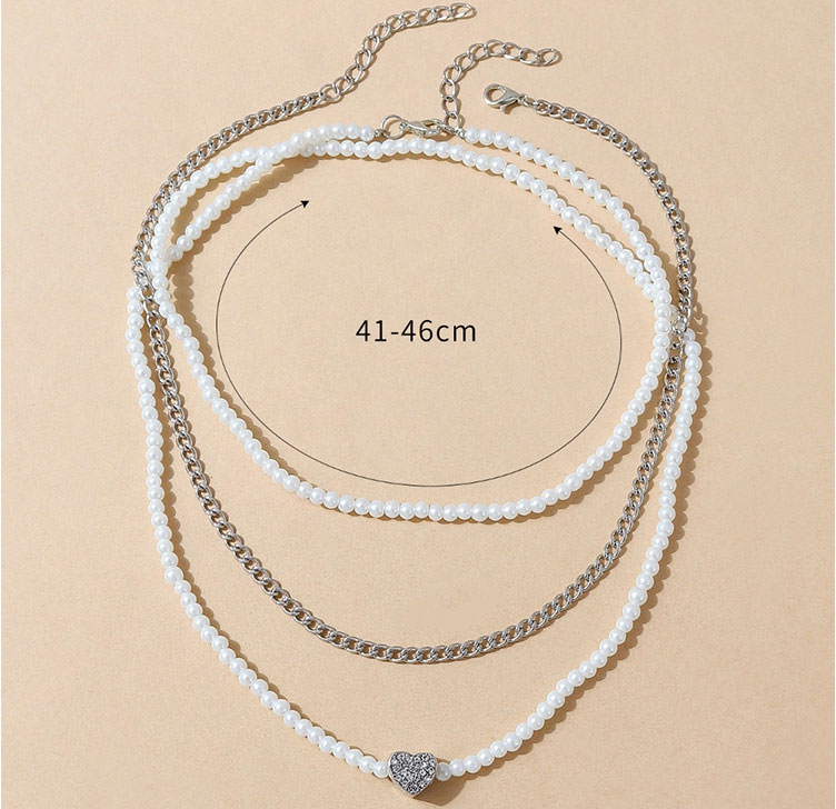 Fashion Silver Pearl Beaded Peach Heart Multilayer Necklace,Multi Strand Necklaces