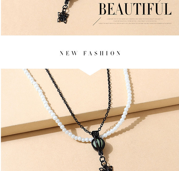 Fashion Black+white Alloy Butterfly Pearl Beaded Double Necklace,Multi Strand Necklaces