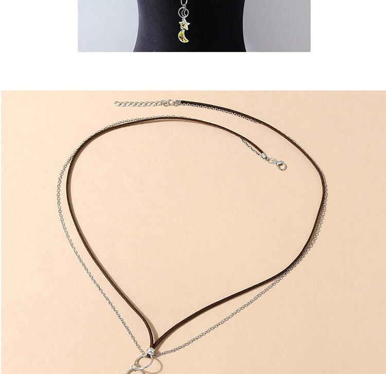 Fashion Silver Crystal Star Moon Leather Y Necklace,Multi Strand Necklaces