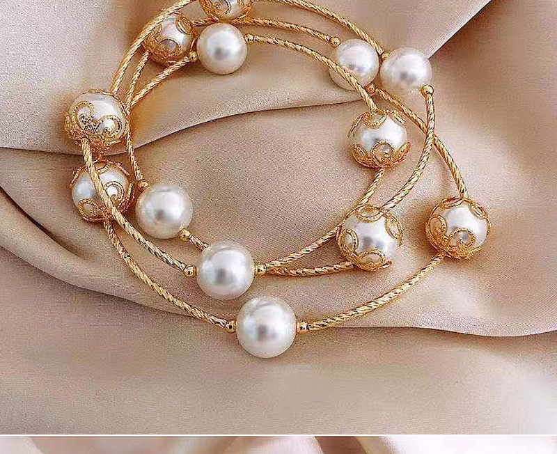 Fashion Gold Brass Beaded Pearl Triple Bracelet,Bracelets