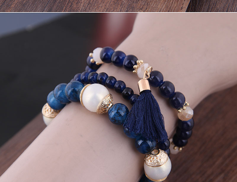 Fashion Blue Acrylic Beaded Tassel Leaf Multilayer Bracelet,Fashion Bracelets