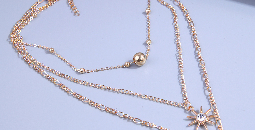 Fashion Gold Alloy Diamond Sun Heart Ball Multilayer Necklace,Multi Strand Necklaces