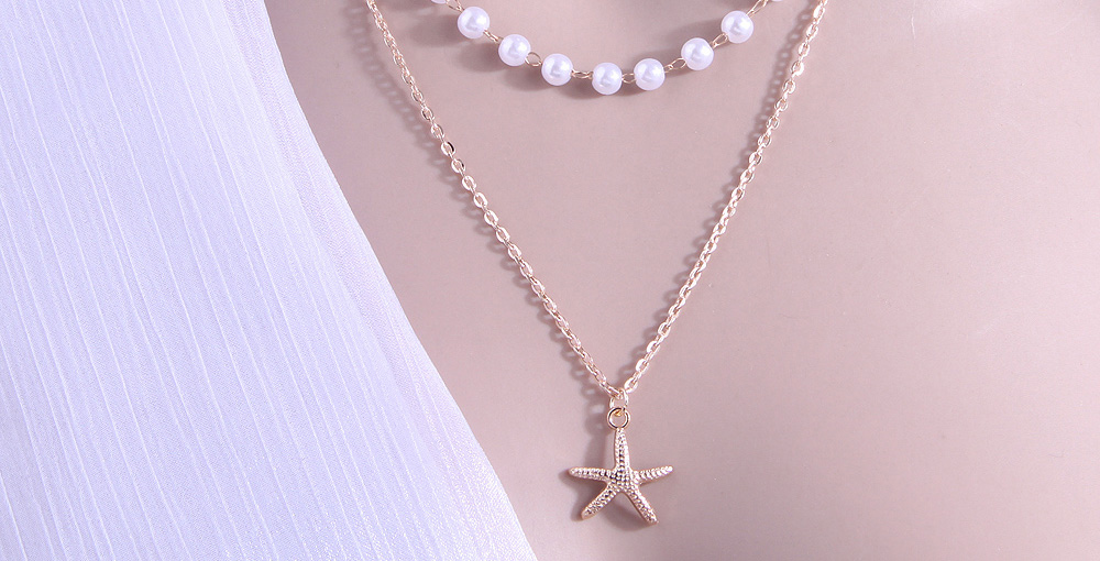 Fashion Gold Alloy Pearl Stitching Chain Starfish Multilayer Necklace,Multi Strand Necklaces