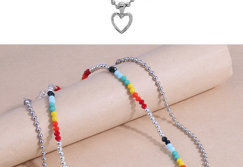 Fashion Silver Titanium Steel Rice Beads Beaded Heart Double Layer Necklace,Necklaces