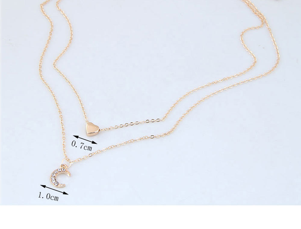 Fashion Gold Alloy Diamond Heart Crescent Double Layer Necklace,Multi Strand Necklaces