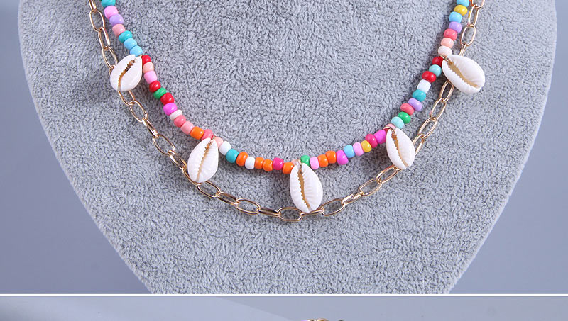 Fashion Color-2 Colorful Rice Beads Beaded Shell Chain Double Layer Necklace,Multi Strand Necklaces
