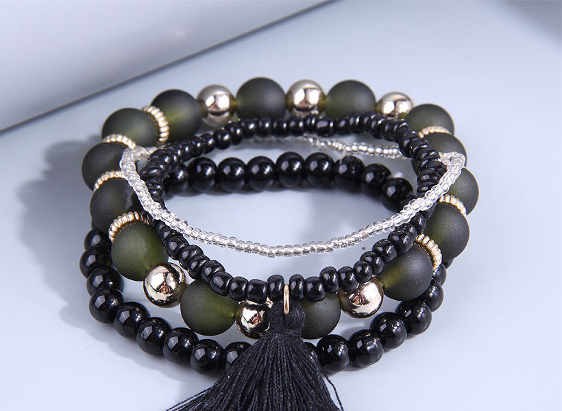 Fashion Black Rice Bead Geometric Ball Beaded Tassel Multilayer Bracelet,Beaded Bracelet