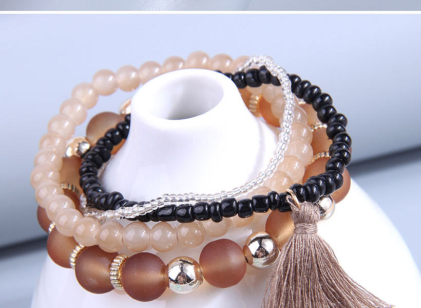 Fashion Black Rice Bead Geometric Ball Beaded Tassel Multilayer Bracelet,Beaded Bracelet