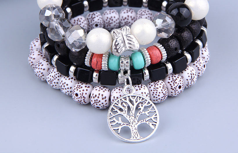 Fashion Black Alloy Geometric Beaded Tree Of Life Multilayer Bracelet,Fashion Bracelets