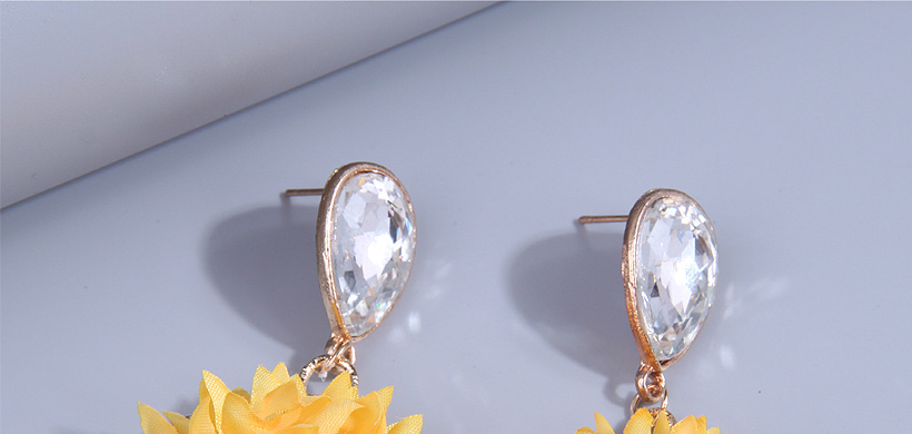 Fashion Yellow Alloy Inset Water Drop Diamond Fabric Flower Stud Earrings,Stud Earrings