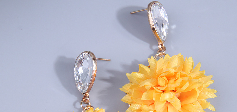 Fashion Yellow Alloy Inset Water Drop Diamond Fabric Flower Stud Earrings,Stud Earrings