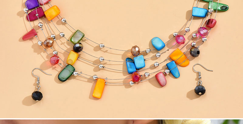 Fashion Color Crystal Shell Woven Layered Necklace And Earrings Set,Jewelry Sets
