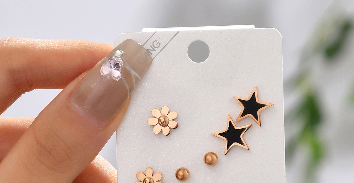 Fashion Gold Titanium Steel Drop Oil Five-pointed Star Flower Ball Stud Earrings Set,Jewelry Set