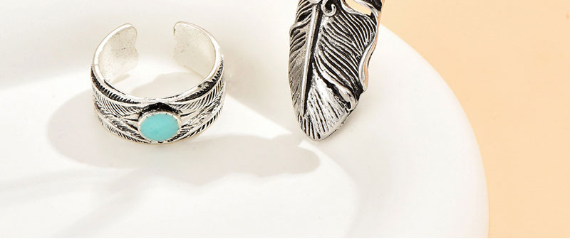 Fashion Silver Alloy Geometric Blue Pine Feather Necklace Ring Set,Rings Set