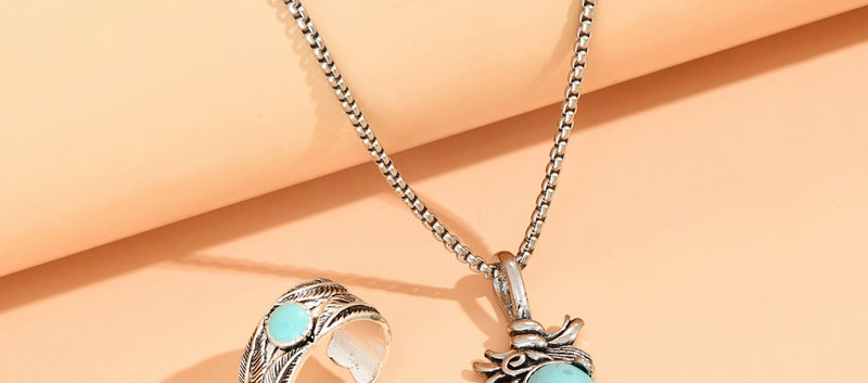 Fashion Silver Alloy Geometric Blue Pine Feather Necklace Ring Set,Rings Set