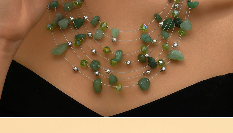 Fashion Green Alloy Geometric Gravel Beaded Layered Necklace,Multi Strand Necklaces