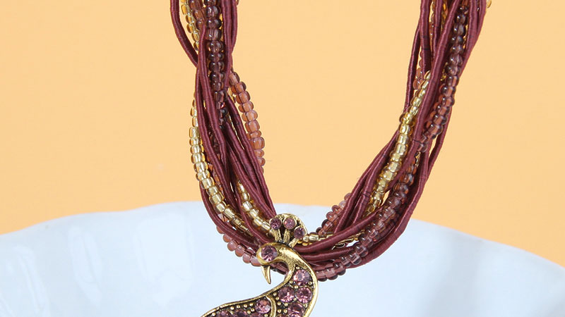 Fashion Purple Alloy Rice Bead Beaded Diamond Peacock Multilayer Necklace,Multi Strand Necklaces