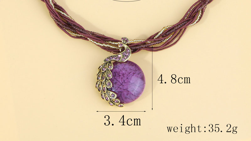 Fashion Purple Alloy Rice Bead Beaded Diamond Peacock Multilayer Necklace,Multi Strand Necklaces