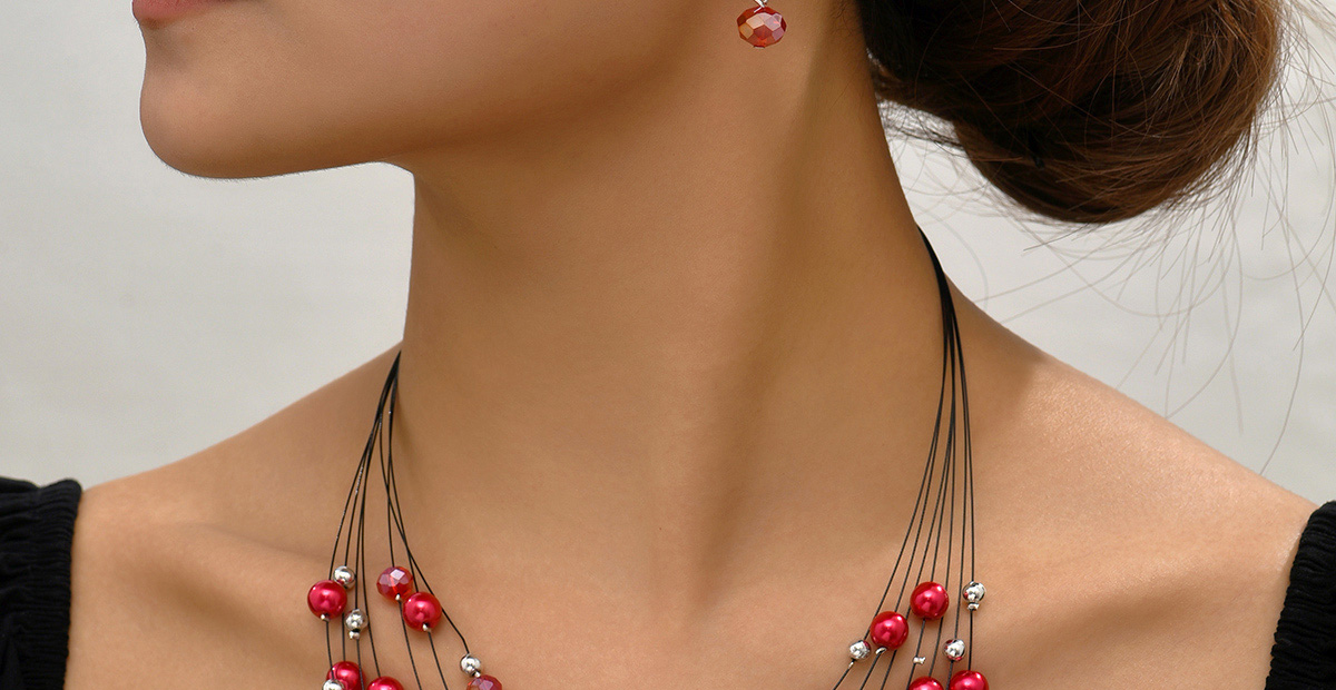 Fashion Red Pearl Crystal Beaded Layered Necklace And Earrings Set,Jewelry Sets