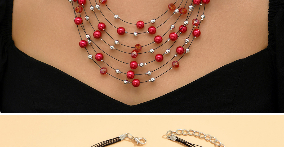 Fashion Red Pearl Crystal Beaded Layered Necklace And Earrings Set,Jewelry Sets