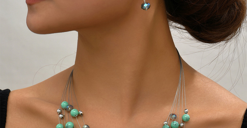 Fashion Blue Pearl Crystal Beaded Layered Necklace And Earrings Set,Jewelry Sets