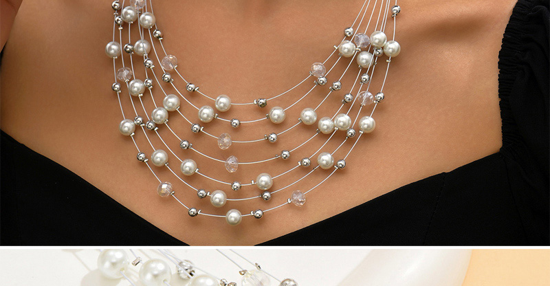 Fashion White Pearl Crystal Beaded Layered Necklace And Earrings Set,Jewelry Sets