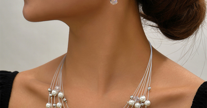 Fashion White Pearl Crystal Beaded Layered Necklace And Earrings Set,Jewelry Sets