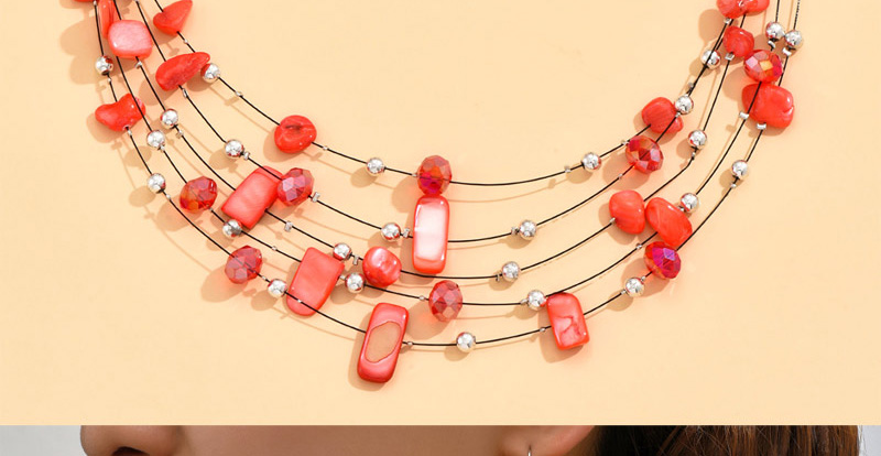 Fashion Red Alloy Crystal Shell Beaded Multilayer Necklace Earrings Set,Jewelry Sets