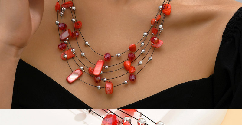 Fashion Red Alloy Crystal Shell Beaded Multilayer Necklace Earrings Set,Jewelry Sets