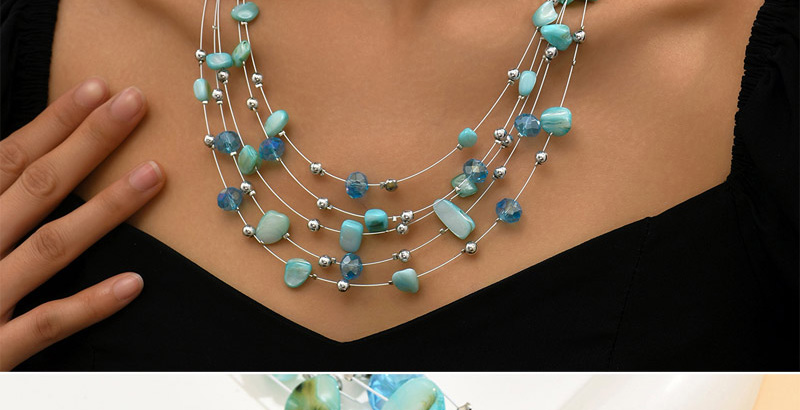 Fashion Blue Alloy Crystal Shell Beaded Multilayer Necklace Earrings Set,Jewelry Sets